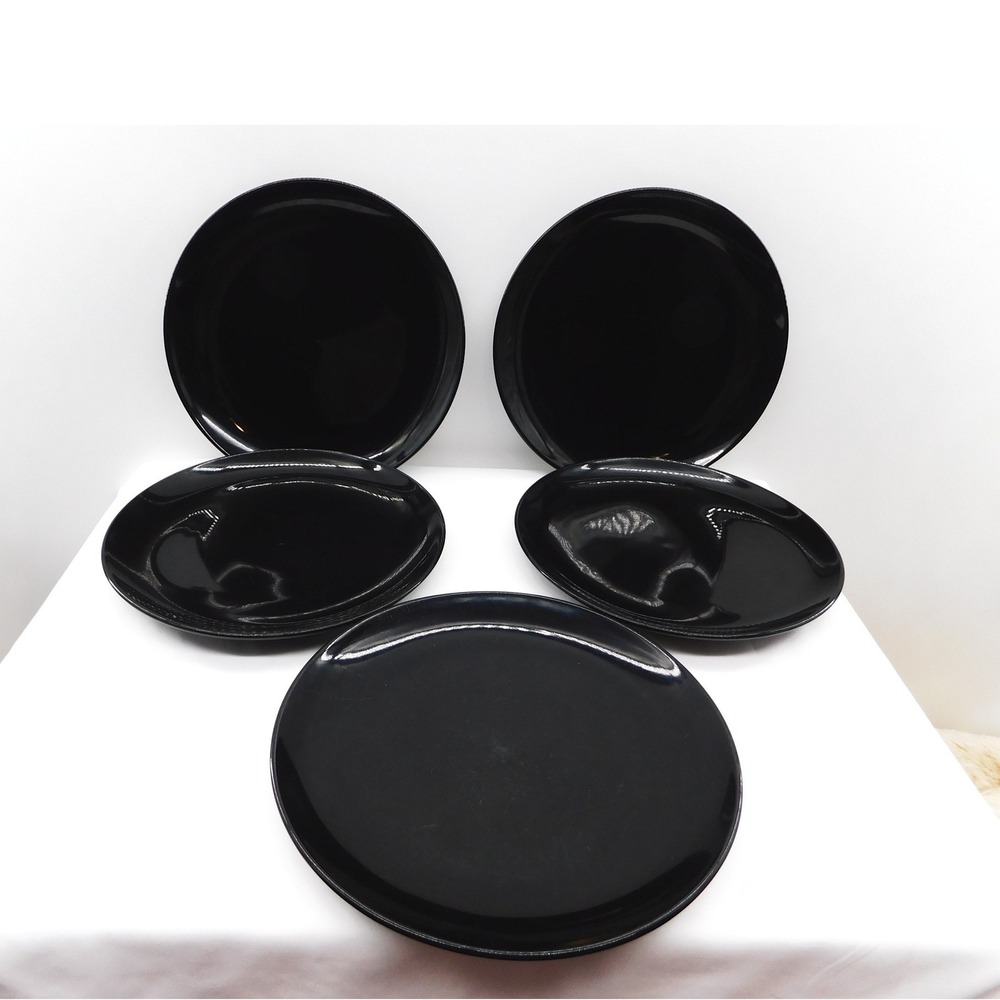Set of 5 IKEA Fargrik Black Lunch/Salad Plates Glossy Vtg *Some Scratches